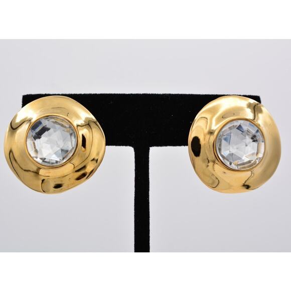 Givenchy Vintage Earrings Lucite Clear Crystal Gold Chunky Signed 1980s BinAO - Picture 1 of 12